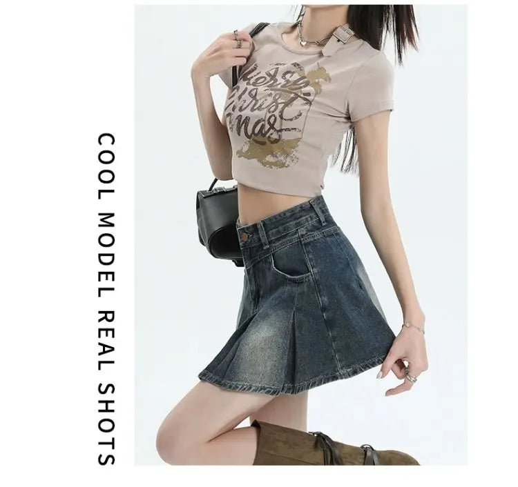 American Sle Versatile High Waist Denim  Skirt Women's Summer New plus Size Pleated Skirt Small Size Slim A-Line ves