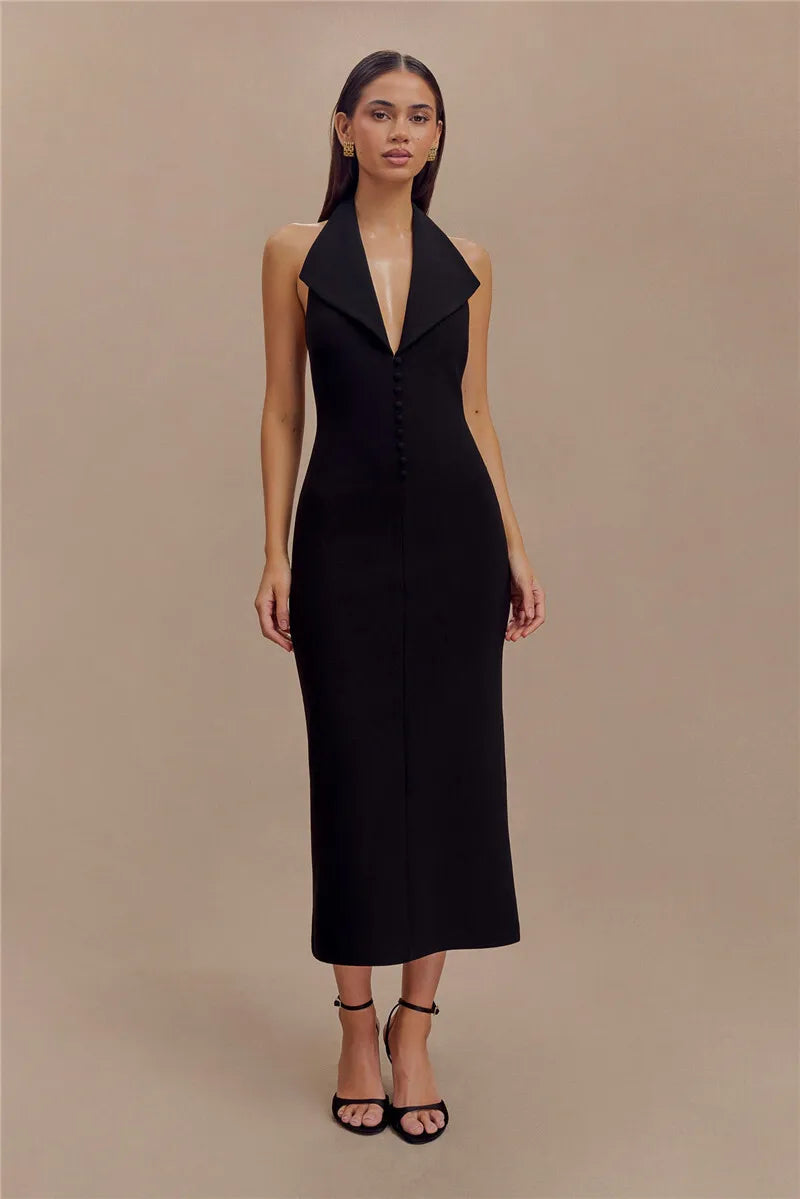 Mozision Halter Deep V Neck Sleeveless Sexy Maxi Dress For Women Elegant Backless Bodycon Tank Dress Femme Fashion Long Dress
