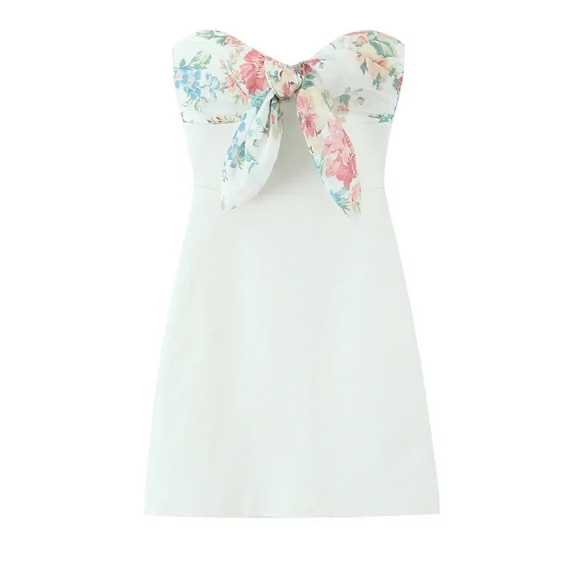 Sexy Women's Printed Bow Short Dress Patchwork Strapless Sleeveless Backless Party Dresses Female 2025 Summer Lady Chic Robes