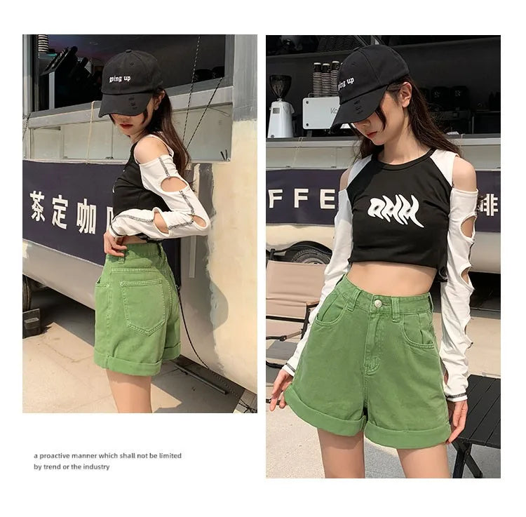 GUUZYUVIZ Green Shorts Feminina Summer Casual Loose Vintage  Jeans Shorts Women Streetwear High Waisted Wide Leg Denim Shorts