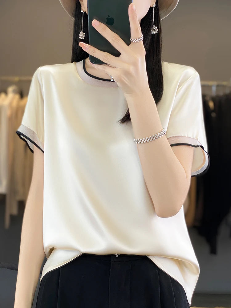Oversize New Arrival T-Shirt Silky Satin Surface Women's Tees Short ONeck Tank Top Casual Slim Solid Lady Clothes Fashion Trends
