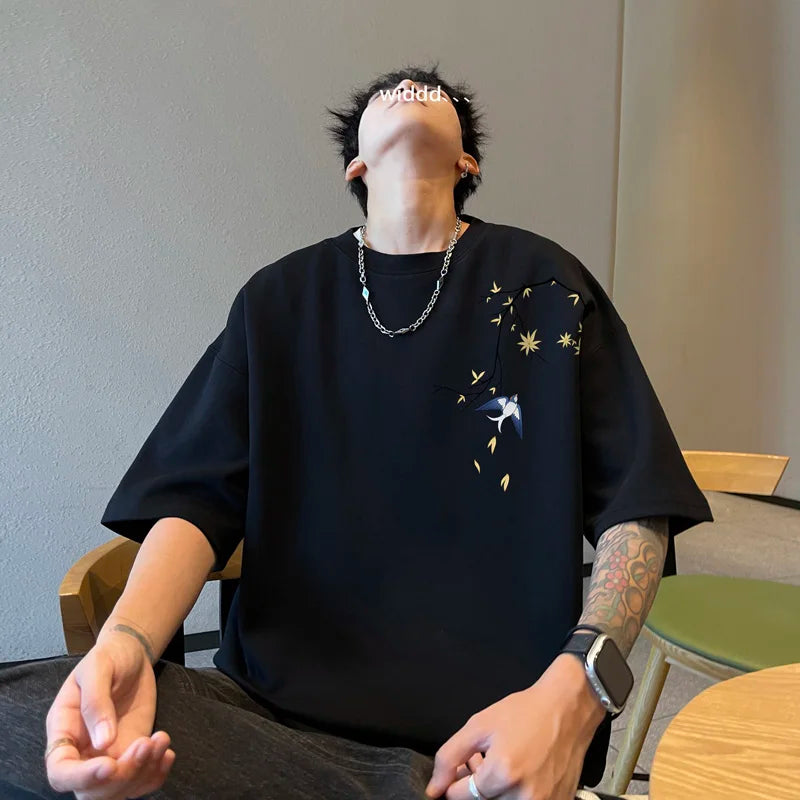 Men's Oversized T-shirts Mens Cotton T Shirt White Casual 5XL Summer Wear Fashion Bird Print Tee Shirts for Men Clothing