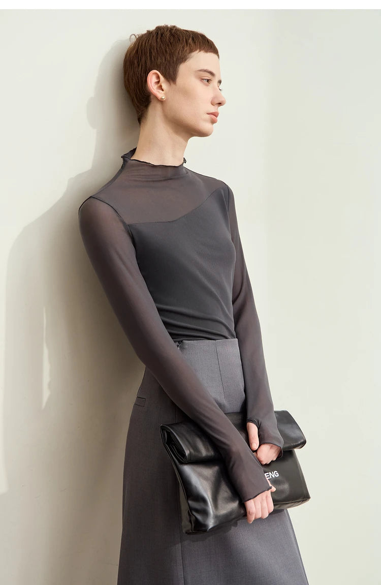 Amii Minimalism Mesh T-shirts For Women 2025 Spring New Office Lady Half-high Neck Micro Perspective Slim Retro Shirt 12423055