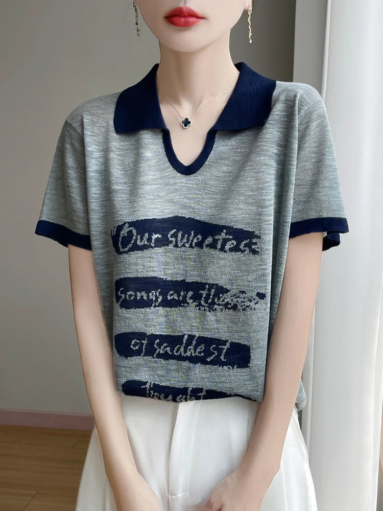 2025 New Large Size Summer Short Sleeve Scissor Collar T-Shirt Women High Grade T-Shirt Fashion Comfortable Leisure T-Shirt Tops