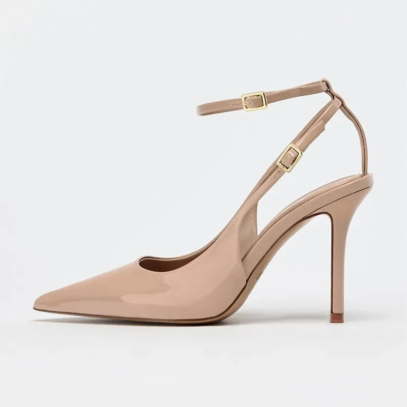 Nude Patent Leather Ankle Strap Buckle Women Pumps Sexy Pointed Toe Stiletto Heels Summer Stiletto Heels Party Shoes Sandalias