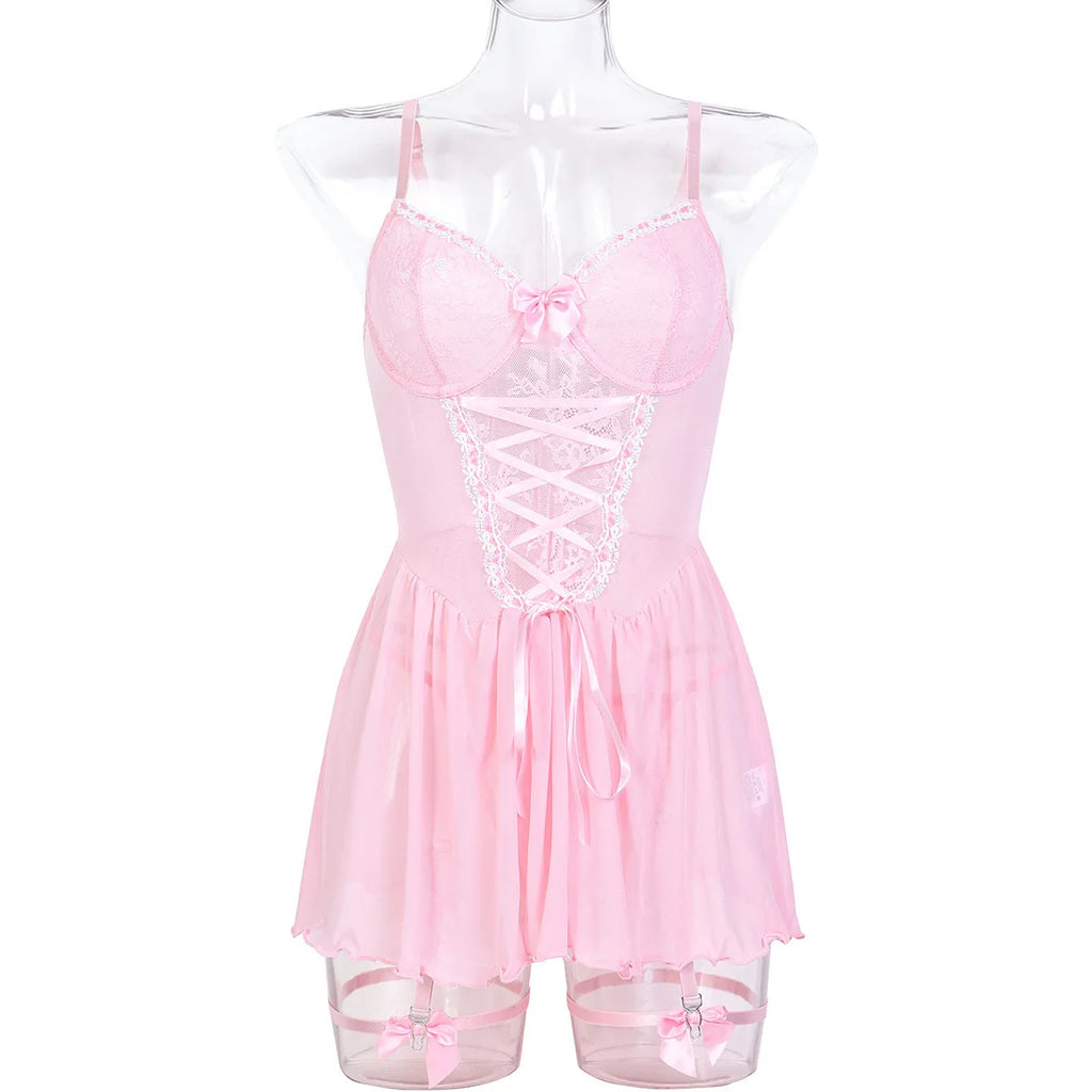 #7152 Black Pink See Through Mesh Short Dresss Women Push-up Bra Sexy Lingerie Ladies Hot Bandage Exotic Dresses Pajamas