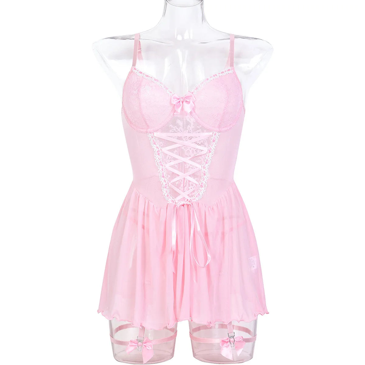 #7152 Black Pink See Through Mesh Short Dresss Women Push-up Bra Sexy Lingerie Ladies Hot Bandage Exotic Dresses Pajamas