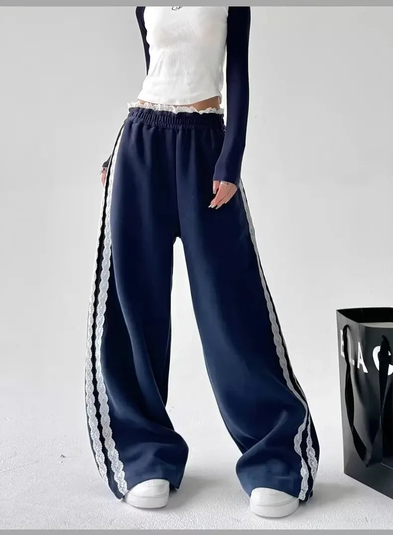 Trendy Casual Wide Leg Pants Women's Autumn Winter High Waist Splicing Lace Trim Drapey Slimming Sporty Trousers
