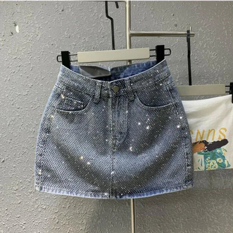 Heavy Industry Hot Drilling High-End Denim Skirt 2024 Spring And Summer New High Waist Pink Sexy A-Word Skirt