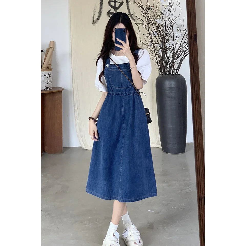 2025 Fashion Women Denim Suspender Skirt Spring Summer Causal Strap Female High Waist A-line Solid Lace-up Woman Skirt
