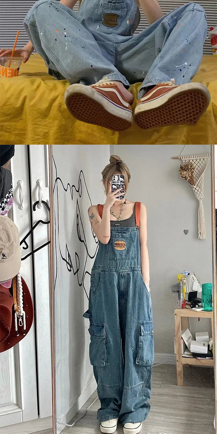 Cool Girl Style Embroidered Spicy Ink Denim Strap Jumpsuits Women's Autumn/Winter Large Loose and Slim Retro One Piece Pants