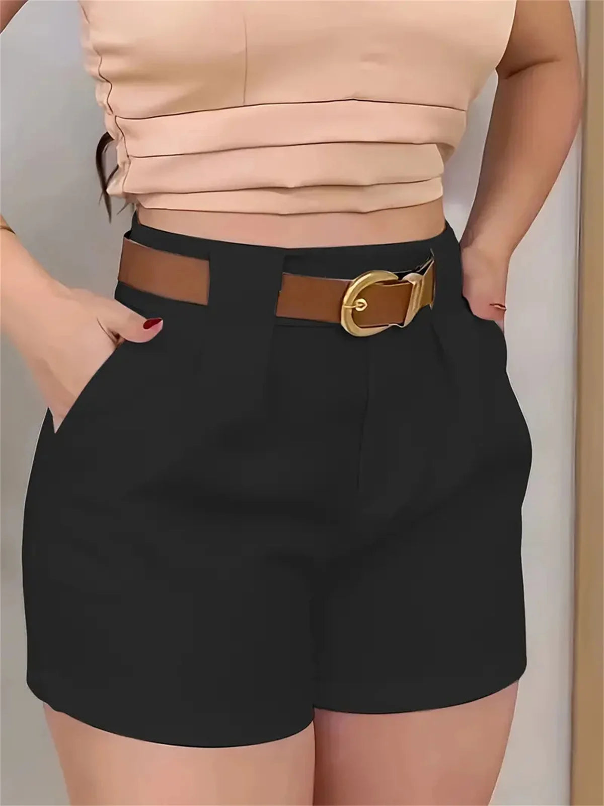 Women Fashion High Waist Shorts Summer Solid Color Pocket Belt Short Pant Elegant Office Lady Clothes Female Casual Street Pants