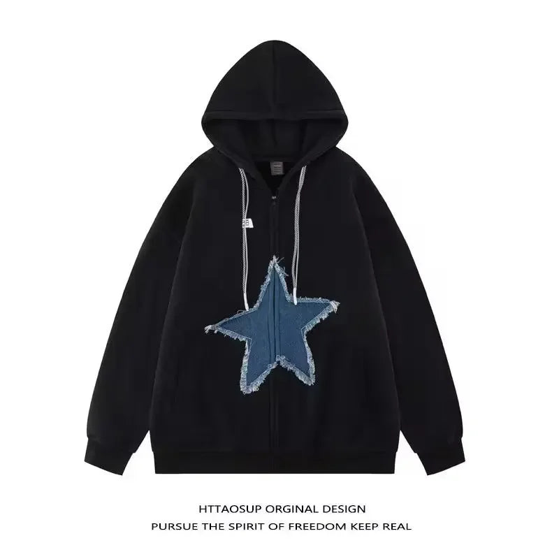 Vintage Star Print Hooded Sweatshirt Unisex Loose Fit Fashion Jacket For Men Women Ideal For Couples