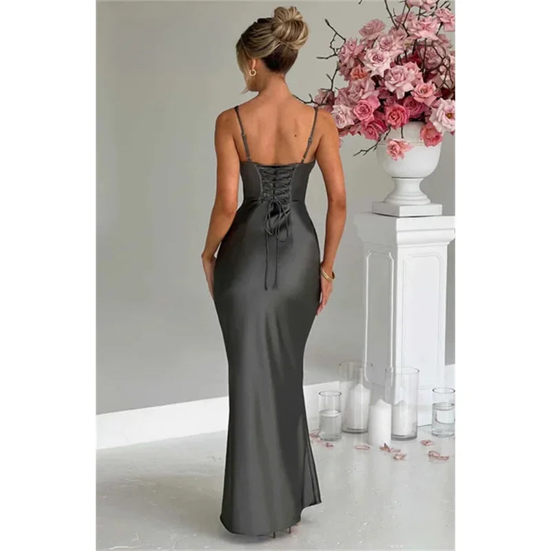 Bonny Strapless Satin Maxi Prom Gown Sexy Mermaid Backless and Lace up Floor-Length Evening Bridal Gown vestidos de festa