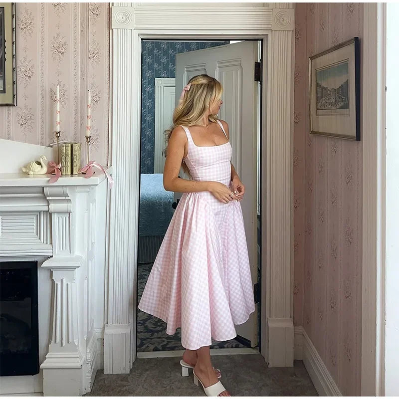 Women Fashion Plaids Pleated High Waist A-line Dress Elegant Sleeveless Backless Slim Long Dresses Summer New Party Streetwear