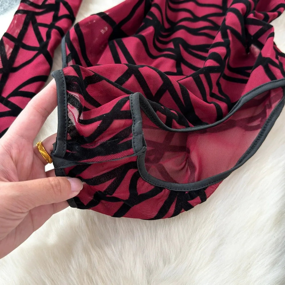 Foamlina Sexy Hollow Out Mesh Bodysuits for Women Fashion Striped Print Stand Collar Long Sleeve Slim Fit Club Party Jumpsuits