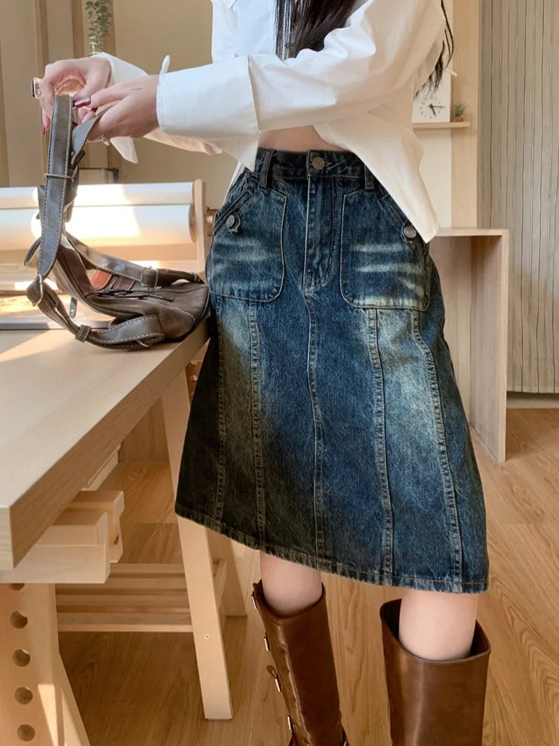 American Retro Distred Denim  Skirt Women plus Size Loose Slimming A-Line Midi Skirt Spring Summer New Sle