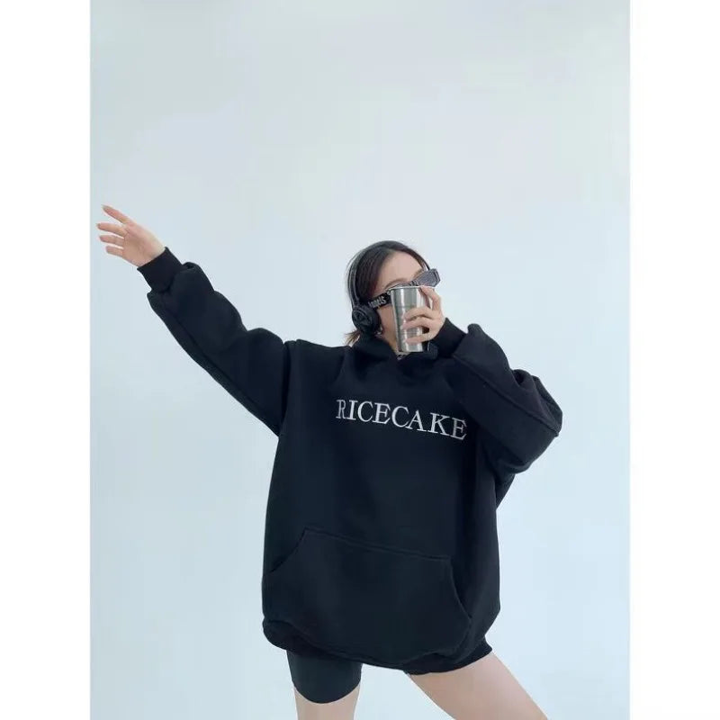 Hikigawa Chic Fashion Floral Embroidery Hoodies Women Coats Autumn Casual Loose All Match Hooded Pullover Outerwear Tops Mujer