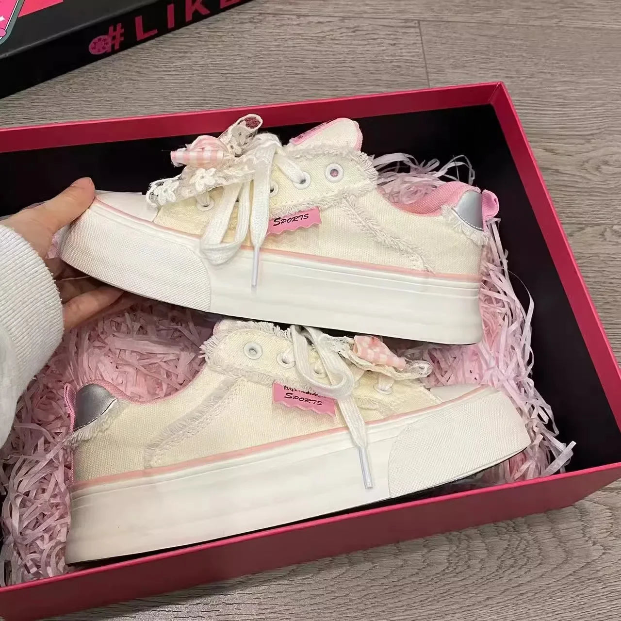 Pink Bowknot Large Head White Sneakers Women's New Summer Cute Canvas Shoes Breathable Comfortable Sporty Fashion Footwear