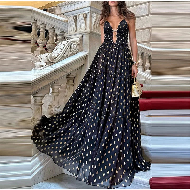 Retro Polk Dot Long Dress With Ribbon Women Sexy Low Cut Sleeveless Pleated Slim Evening Dresses Female Spring Chic Street Party