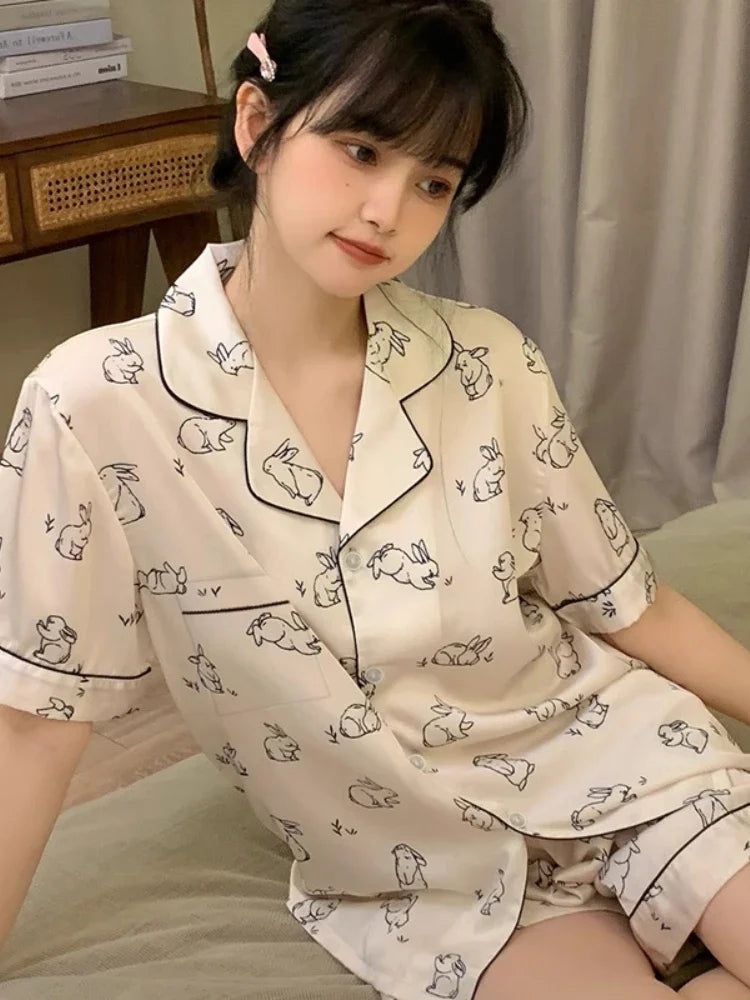 Women's 2pcs Cute Print Short Sleeve Button Top and Shorts Pink Sleepwear Soft Comfy Homewear Casual Loungewear Pajama Set