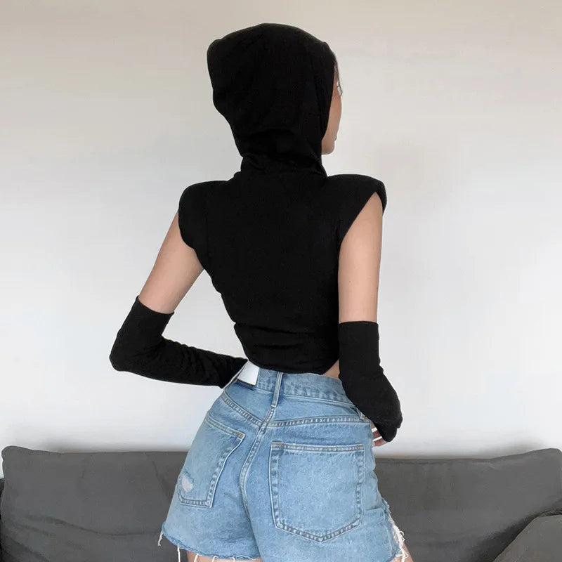Fashion Solid Color Hooded Bodysuit One Piece Sexy Round Neck Sleeveless Lingerie Sexy Casual Slim Streetwear Festival Outfit