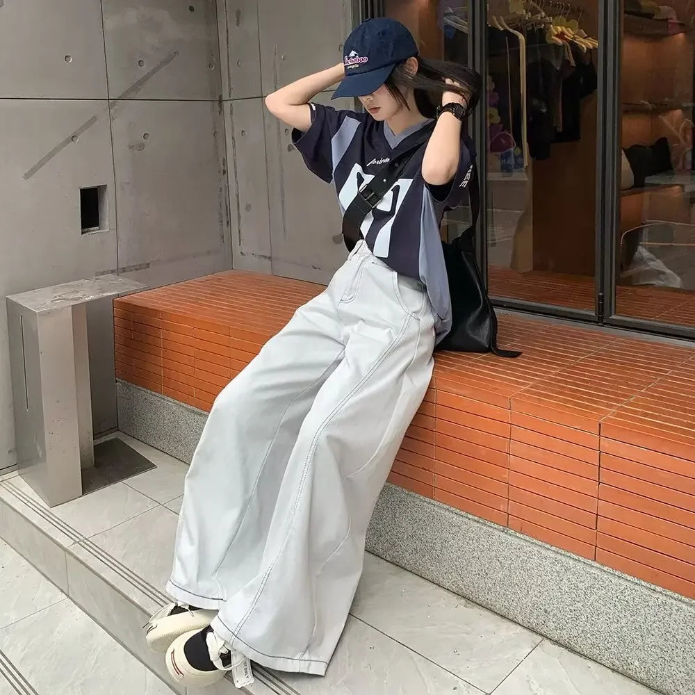 Men's Summer High Waist Straight Leg Jeans Slimming Loose Wide Leg Pants Retro Knife Edge Design Casual Fashion