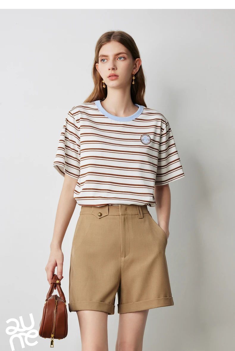 TOYOUTH Women Striped Short Sleeved T-shirt 2024 Summer New Academy Style Round Neck Top