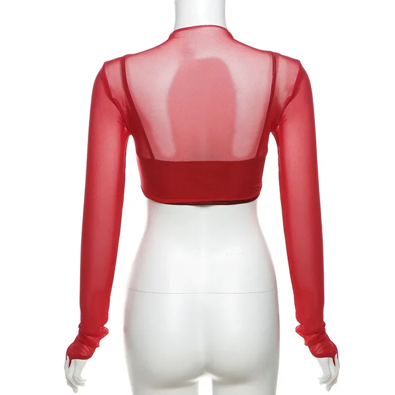 See Through Y2k Clothes Hollow Out Mesh Crop Top Skinny Camisole Mini Ropa De Mujer Rave Outfits 2 Pcs Set T Shirts For Women