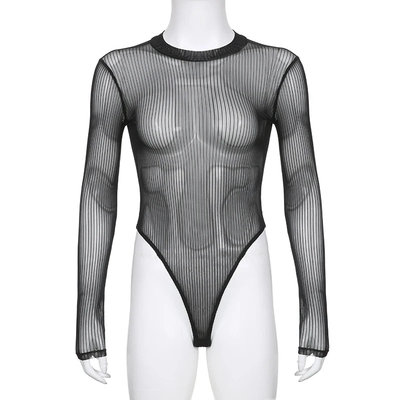 SUCHCUTE Sexy See Though Women T-shirts Gothic Mesh Black Long Sleeve Skinny Bodysuit Dark Fashion Hollow Out Backless Playsuit