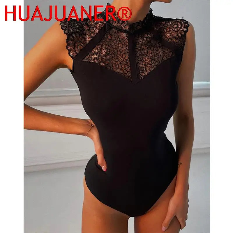 Women Sexy Black Lace Bodysuits Rompers Sleeveless Slinky New Fashion Bodycon Wrap Bodysuit