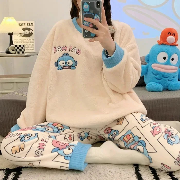 Transborder Flannel Pyjamas Women's Autumn Winter Round Neck Long Sleeve Cute Japanese Cartoon Student Warm Home Clothes Set