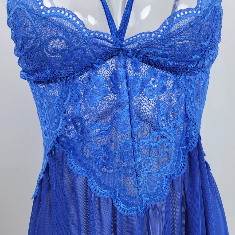 Deep V Lace Sexy Female Lingerie Cute Bow Tie Mesh Nightgown For Women Wholesale Large Size Hollowed Backless Embroidery Pajamas