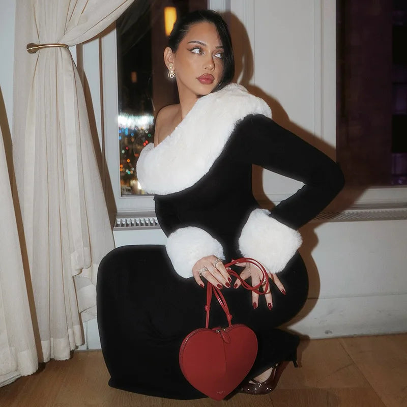 Tossy Fluffy Winter Slim Maxi Dress Female High Waist Long Sleeve Sexy Off-Shoulder Patchwork Bodycon Dress Ladies Party Dress