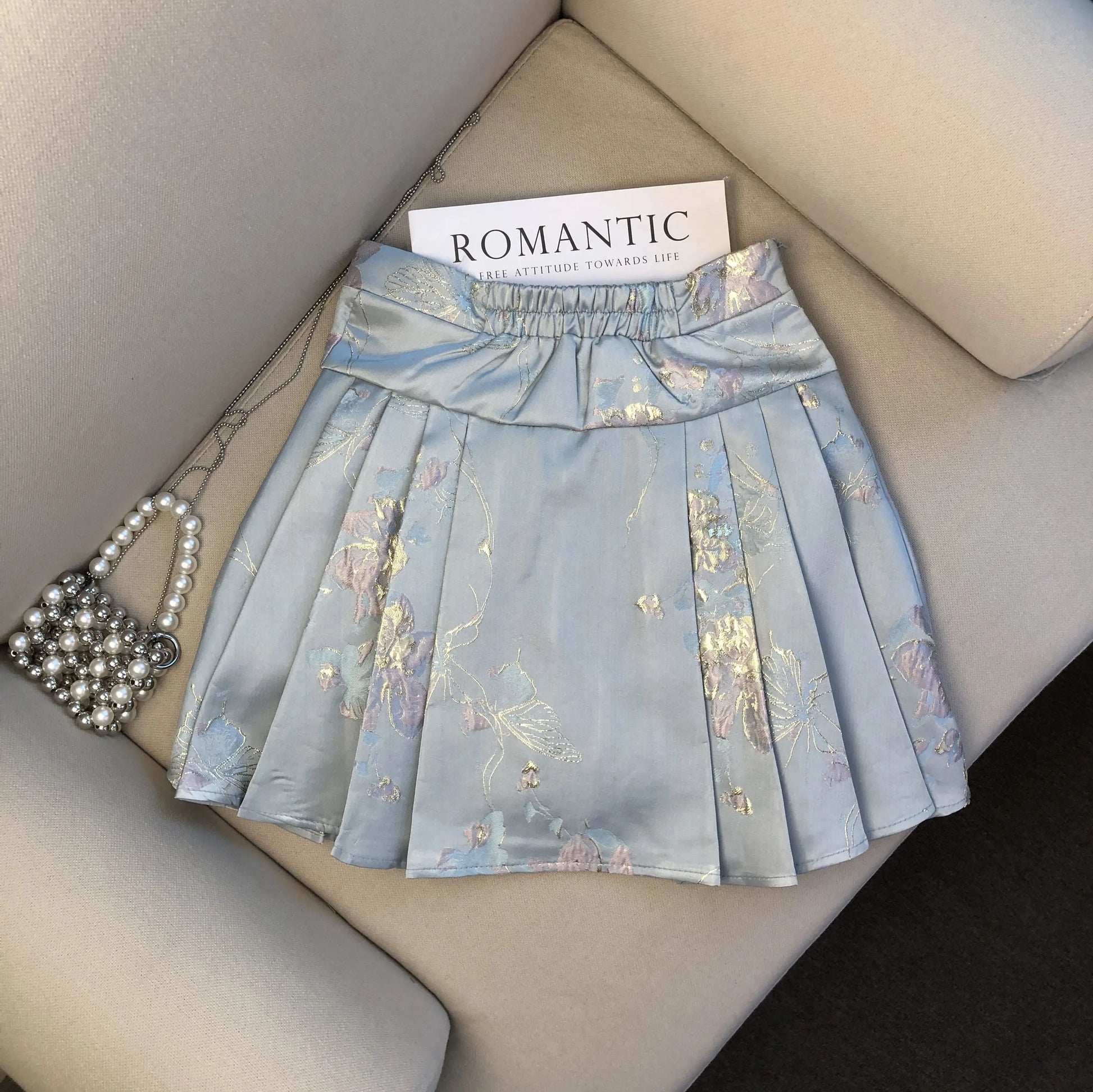 Summer New Chinese Style Satin Jacquard Horse-Face Pleated Mini Skirts Sweet Cute Girl High Waist Short Skirt for Women