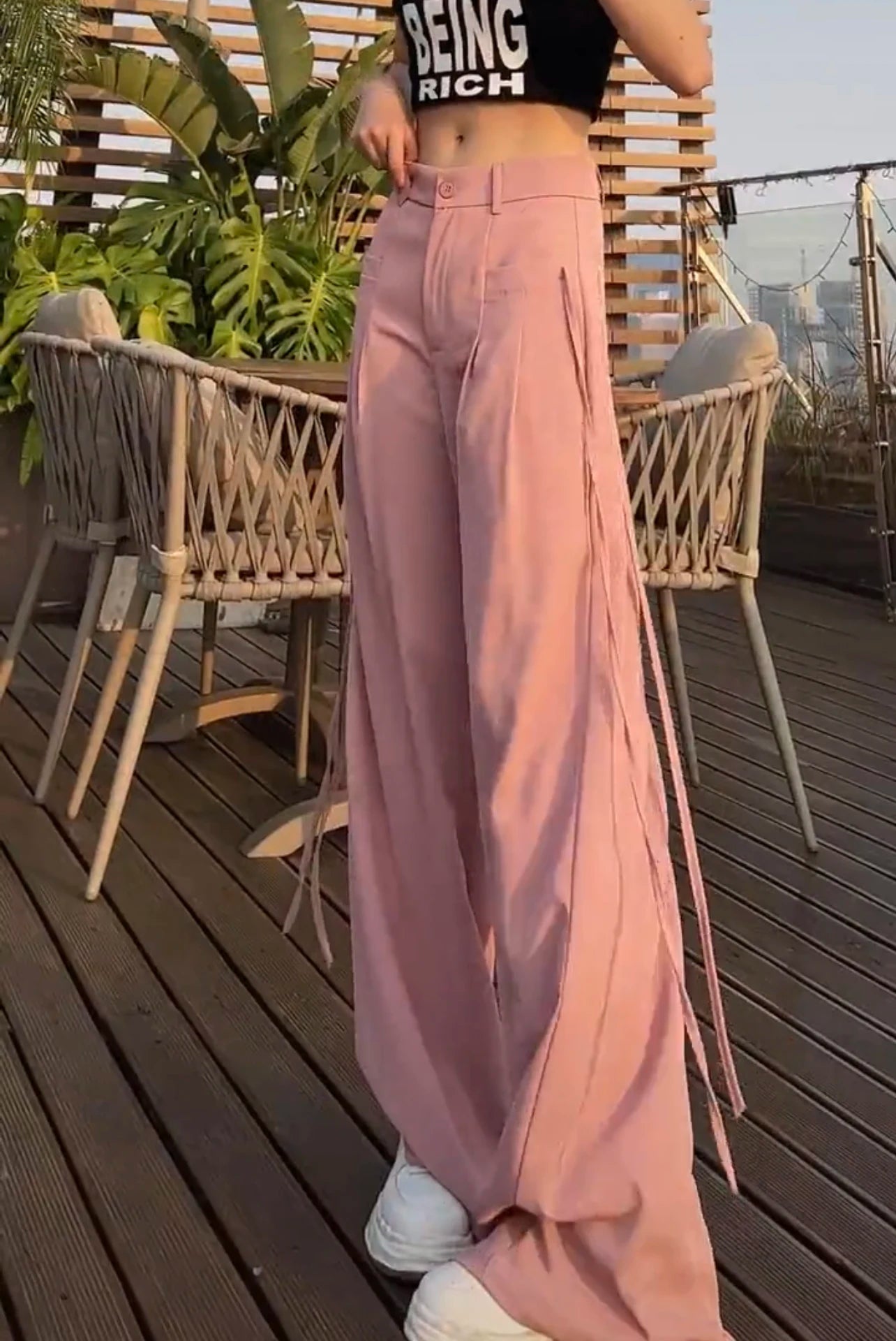 Jielur Lace-up High Waist Straight Women Suit Pants Summer Slim Loose Full Length Female Wide Leg Pants Casual Chic Office Lady