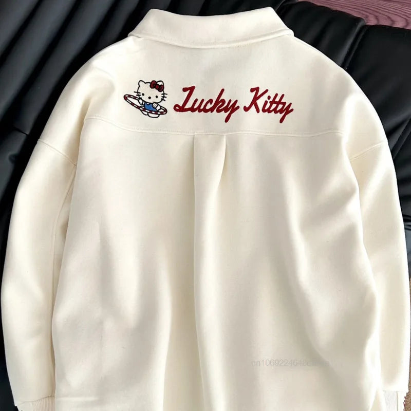Sanrio Hello Kitty 2025 Spring New Polo Hoodie Women Korean Version Trend Casual Top Y2K Sweet Girl College Style Loose Pullover