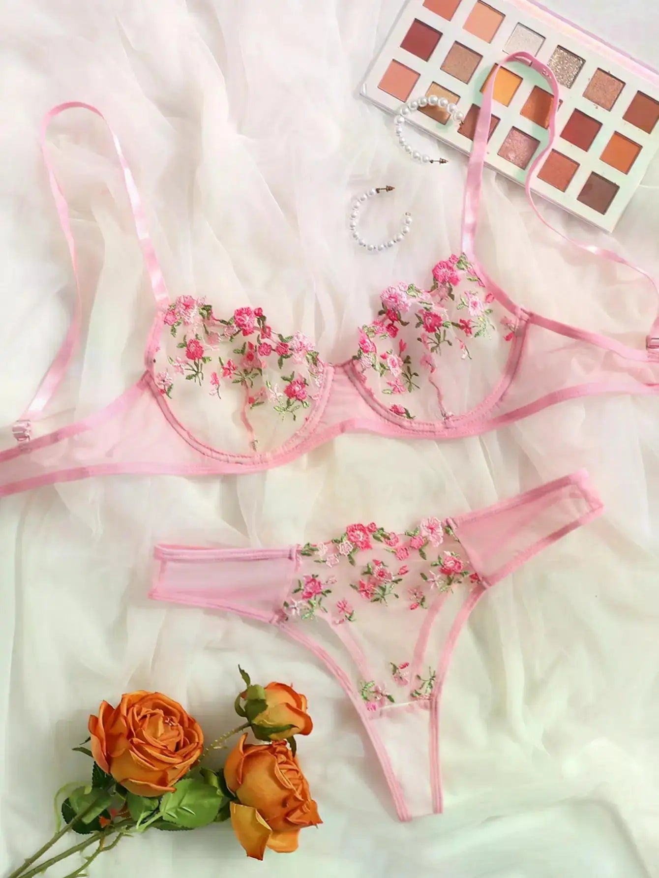 Transperant Lingerie Set Women Mesh Net Sexi Lenceria Sensual Mujer Bra Sets Embroidery Floral Underwired