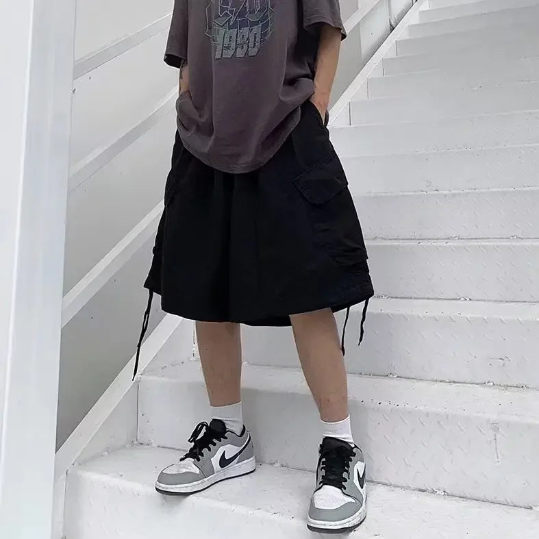 Loose Casual Men's Workwear Shorts Summer Wide Leg Drawstring Five-Quarter Pants Retro Japanese Style Outerwear Shorts