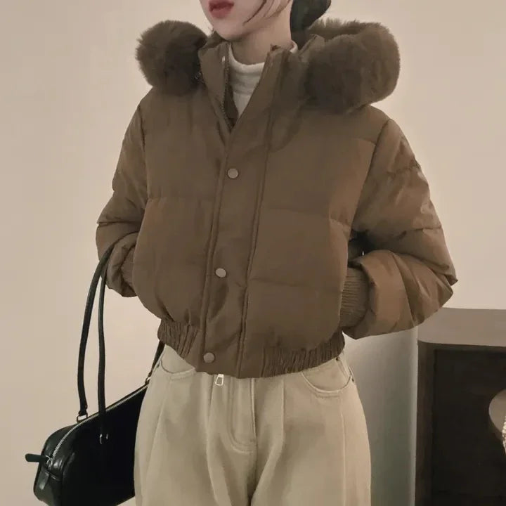 South korea Chic Autumn and Winter Fur Collar Hood Short down Coat Women Fashion Thick Warm Fleece-lined Cotton-padded jacket...