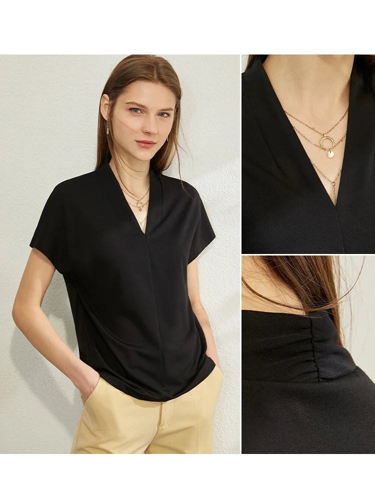 AMII Minimalism 2023 Summer Women's T-shirt Classic Style Casual V-neck Short Sleeve Solid Stretch Female Tops & Tees 12312013
