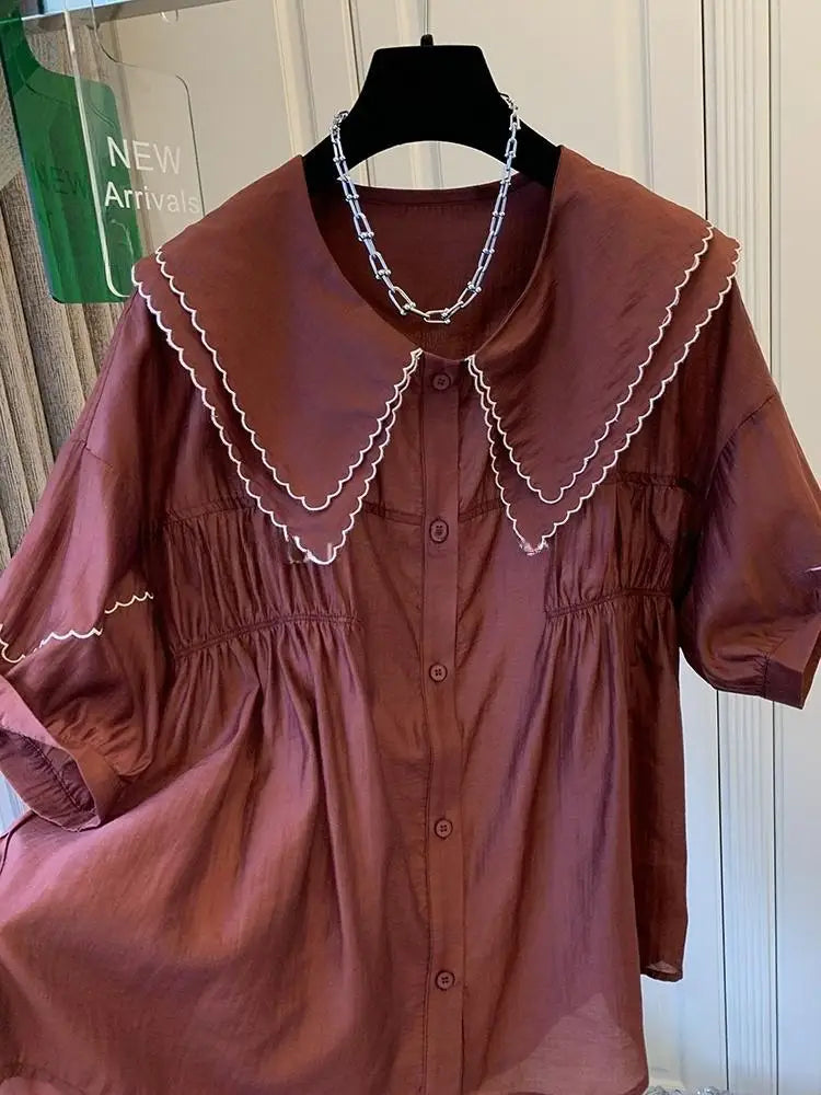 Double Peter Pan Collar Korean Loose Women tops Shirts Lantern Sleeve Shirts Summer Casual Blouse Girls New 2025