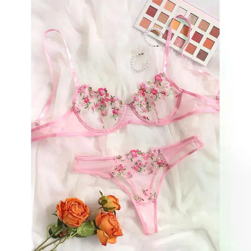 Transperant Lingerie Set Women Mesh Net Sexi Lenceria Sensual Mujer Bra Sets Embroidery Floral Underwired