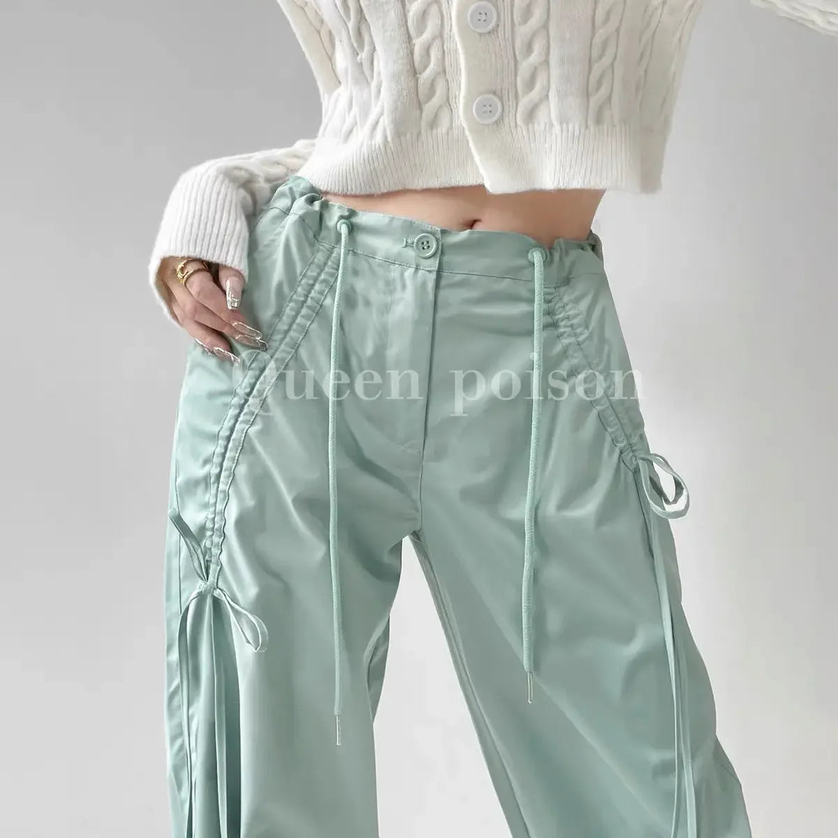 American Style Women's Summer Cargo Pants With Bowmint Green Drawstring Casual Bell Bottoms New 2024 Fashion Trend Long Pants