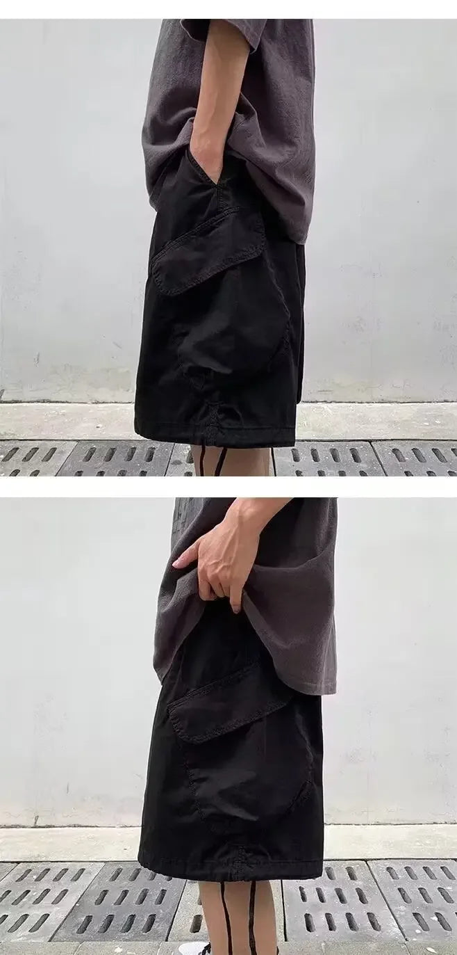 Loose Casual Men's Workwear Shorts Summer Wide Leg Drawstring Five-Quarter Pants Retro Japanese Style Outerwear Shorts