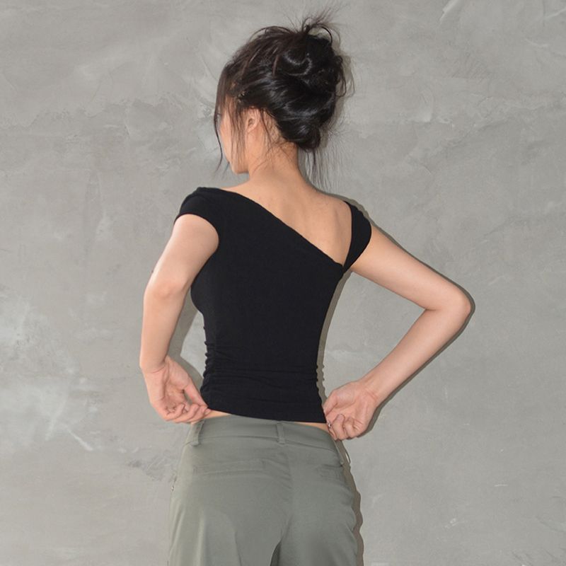 Summer T-shirts Women Sexy Folds Sweet Irregular Bandage Design Slim Chic Skew Collar Crop Tops Aesthetic Club American Clothes