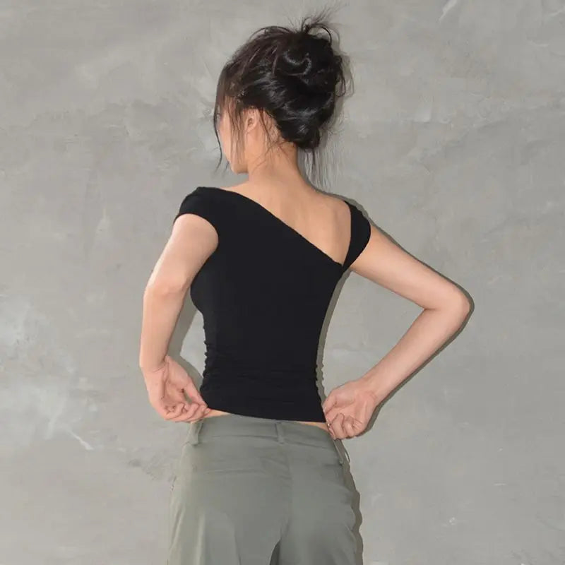 Summer T-shirts Women Sexy Folds Sweet Irregular Bandage Design Slim Chic Skew Collar Crop Tops Aesthetic Club American Clothes