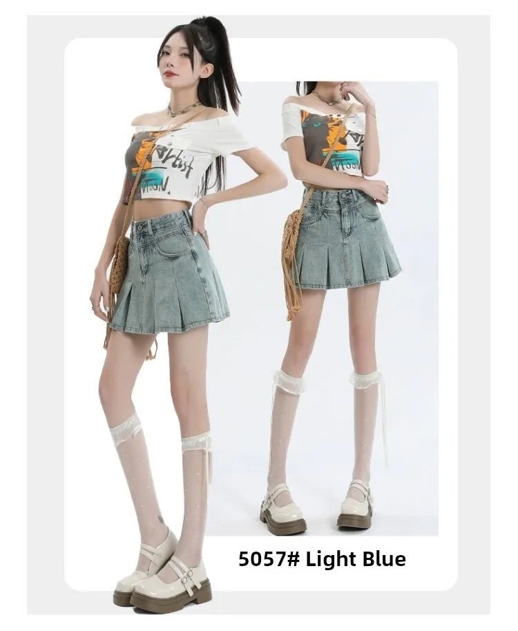 American Sle Versatile High Waist Denim  Skirt Women's Summer New plus Size Pleated Skirt Small Size Slim A-Line ves