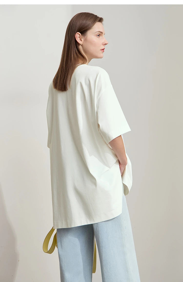 Amii Minimalist Summer T-shirt Women Irregular Design Tops Casual O-neck Abstract Print Loose Dropped Shoulder T-shirt 12522081