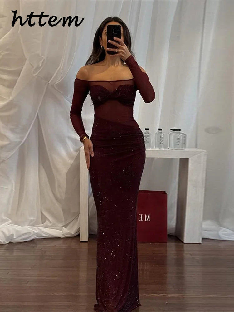 Elegant Sequined Mesh Sheer Long Party Dress Women Off Shoulder Full Sleeve See Through Dresses 2025 Lady Glitter Evening Gowns